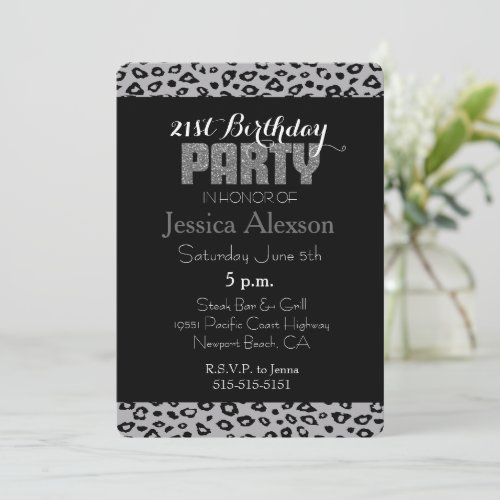 Grey Black Leopard Print 21st Birthday Invitation