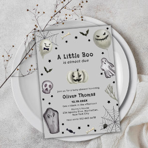Grey Black Little Boo Ghost Halloween Baby Shower Invitation
