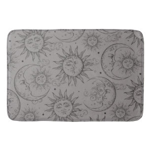 Grey Black Magic Vintage Celestial Sun Moon Stars Bath Mat