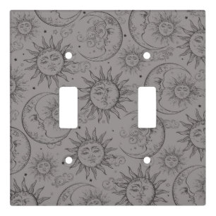 Grey Black Magic Vintage Celestial Sun Moon Stars Light Switch Cover