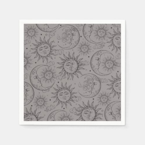 Grey Black Magic Vintage Celestial Sun Moon Stars Napkins