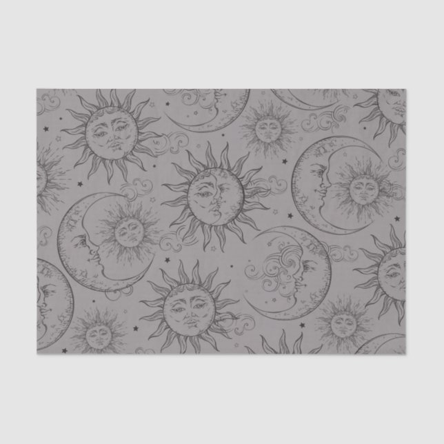 Grey Black Magic Vintage Celestial Sun Moon Stars Tissue Paper (Front)