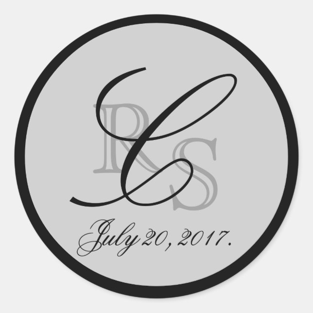 GREY BLACK MONOGRAMMED WEDDING FAVOR CLASSIC ROUND STICKER (Front)