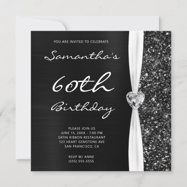 Grey Black Ombre Foil Faux Glitter Glam Birthday Invitation (Front)