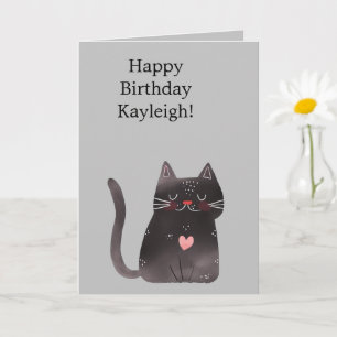 Grey Black Pink Heart Cat Birthday Card