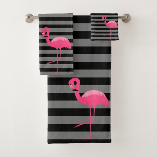 GREY BLACK PINK STRIPE FLAMINGO BATHROOM TOWEL SET