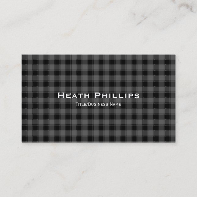 Grey & Black Plaid Checkered Business Cards (Front)