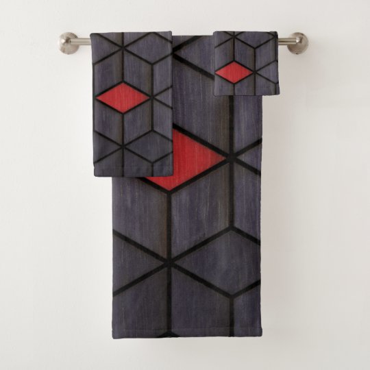 Grey Black Red Cubes Bath Towel Set