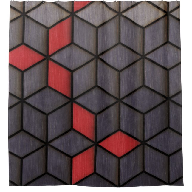 Grey Black Red Cubes Shower Curtain (Front)