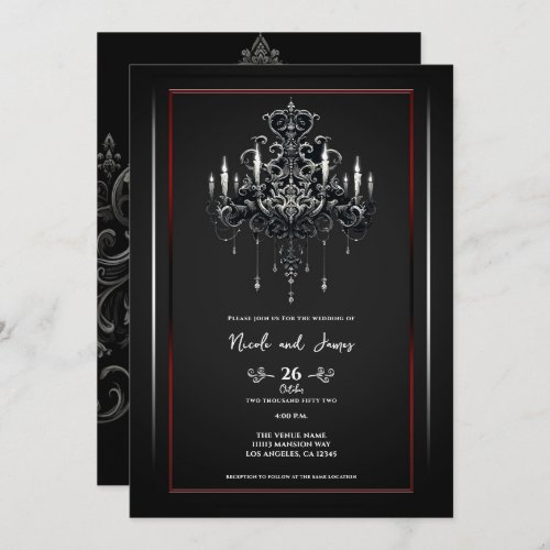 Grey Black Red Spooky Chandelier Gothic Wedding Invitation