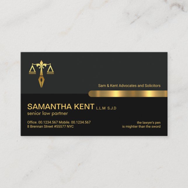 Grey Black Retro Column Gold Scales Of Justice Law Business Card (Front)