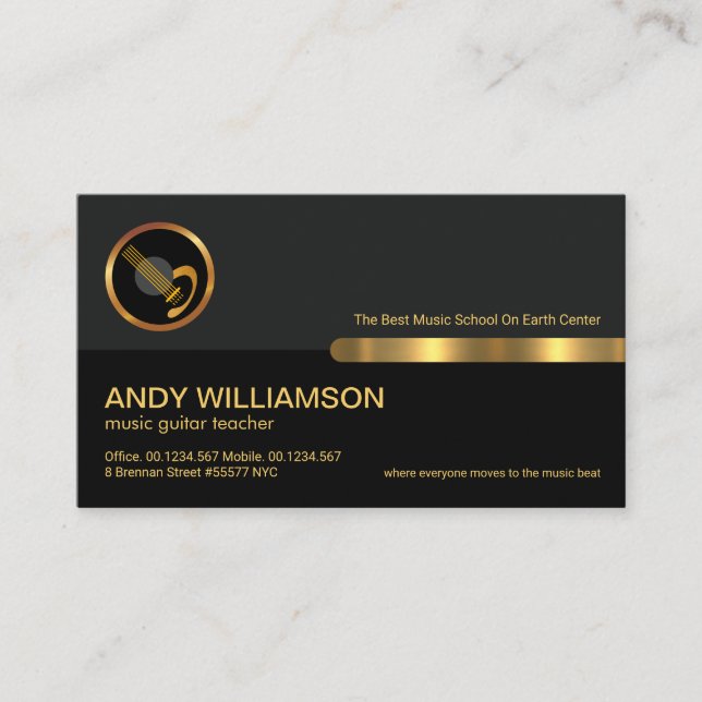 Grey Black Retro Column Gold Stripe Guitar Business Card (Front)