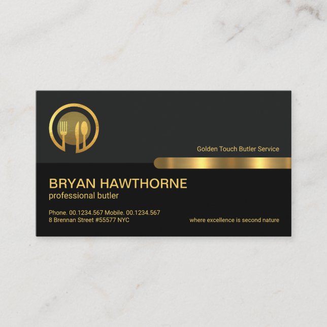Grey Black Retro Columns Gold Line, Hospitality Business Card (Front)