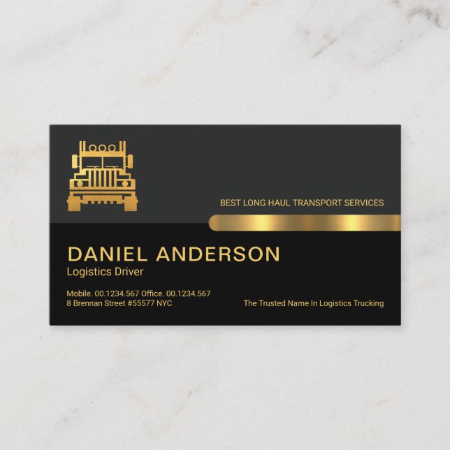 Grey Black Retro Columns Logistics Gold Truck Business Card (Front)