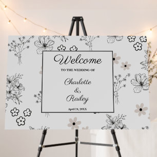 Grey Black Retro Flower Pattern Wedding Sign