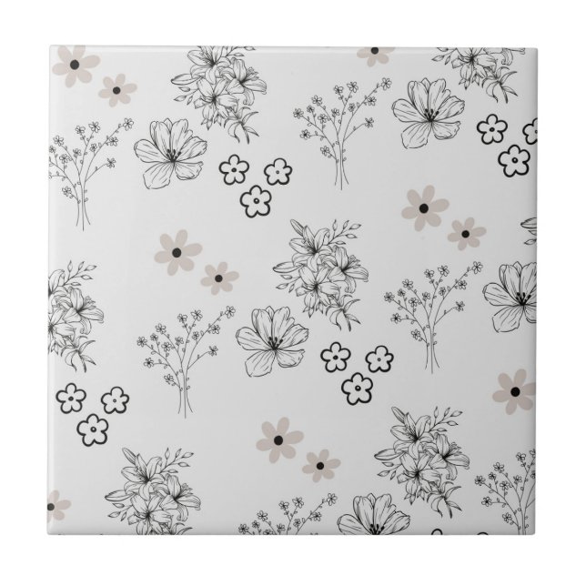 Grey Black Retro Y2K Hippie Flower Pattern Ceramic Tile (Front)