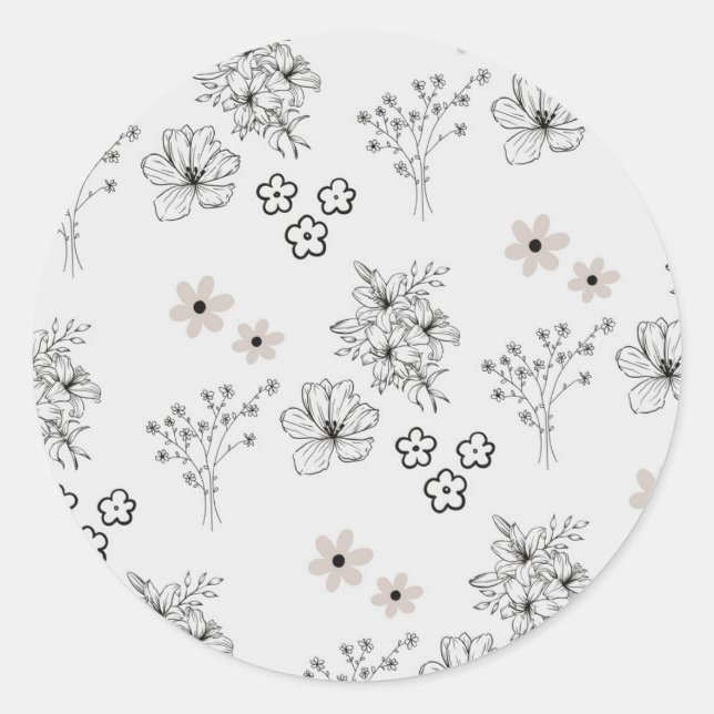 Grey Black Retro Y2K Hippie Flower Pattern Classic Round Sticker (Front)