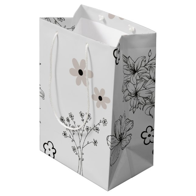 Grey Black Retro Y2K Hippie Flower Pattern Medium Gift Bag (Back Angled)