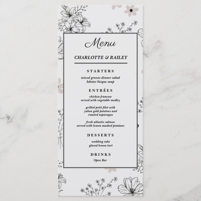 Grey Black Retro Y2K Hippie Flower Pattern Menu (Front)