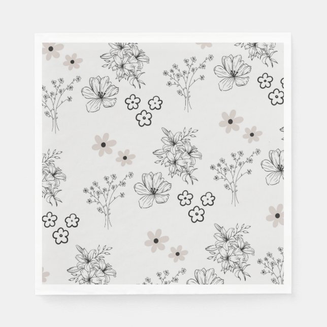 Grey Black Retro Y2K Hippie Flower Pattern Napkins (Front)