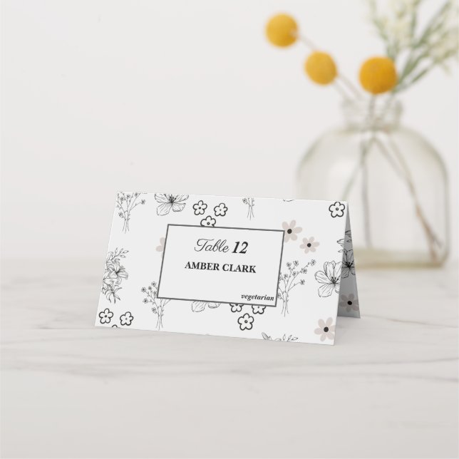Grey Black Retro Y2K Hippie Flower Pattern Place Card (Front)