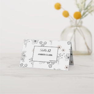 Grey Black Retro Y2K Hippie Flower Pattern Place Card
