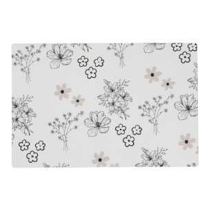 Grey Black Retro Y2K Hippie Flower Pattern Placemat