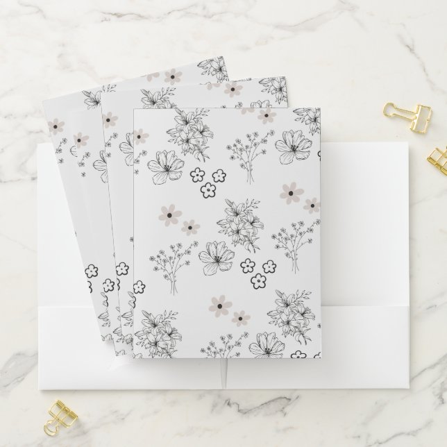 Grey Black Retro Y2K Hippie Flower Pattern Pocket Folder (In Situ)