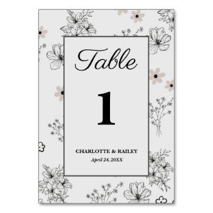 Grey Black Retro Y2K Hippie Flower Pattern Table Number