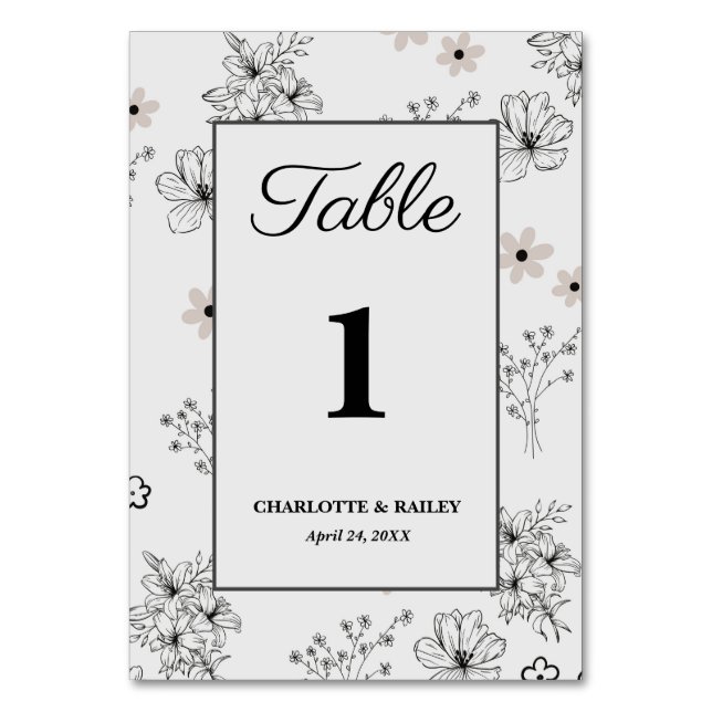 Grey Black Retro Y2K Hippie Flower Pattern Table Number (Front)