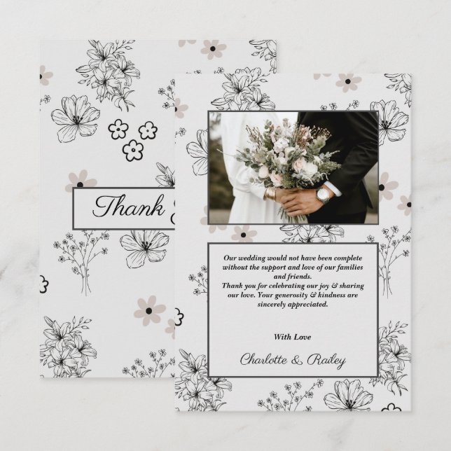 Grey Black Retro Y2K Hippie Flower Pattern Thank You Card (Front/Back)