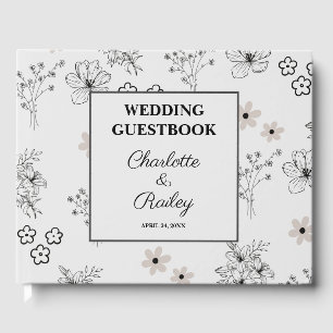Grey Black Retro Y2K Hippie Flower Pattern Wedding Guest Book