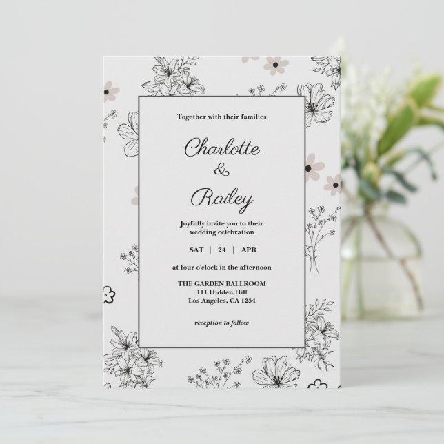 Grey Black Retro Y2K Hippie Flower Pattern Wedding Invitation (Standing Front)