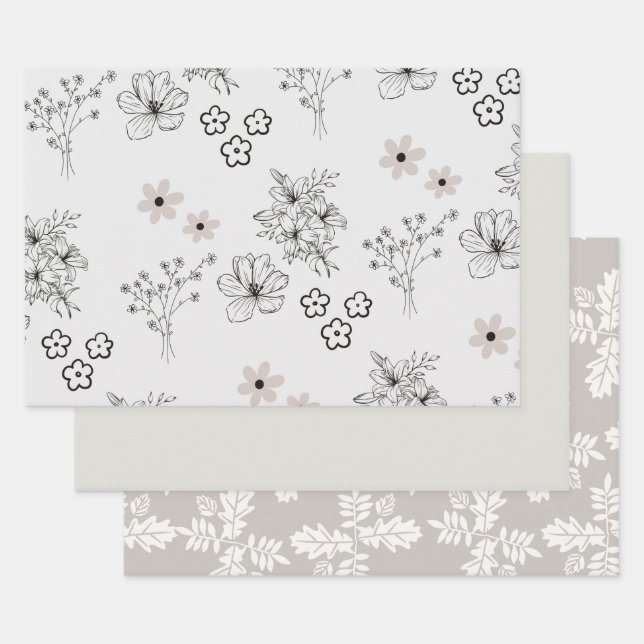Grey Black Retro Y2K Hippie Flower Pattern Wrapping Paper Sheets (Set)