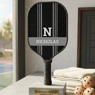 Grey & Black Stripes Bold Monogram & Name Carbon Fiber Pickleball Paddle