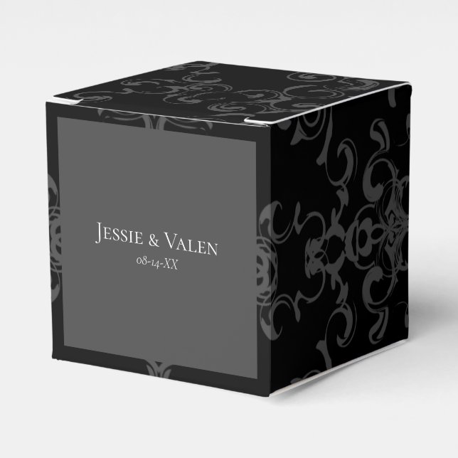 Grey & Black Swirl Gothic Wedding Favor Boxes (Front Side)