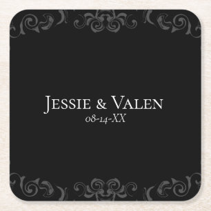 Grey & Black Swirl Gothic Wedding Square Paper Coaster