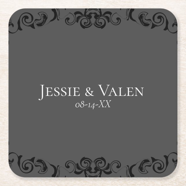 Grey & Black Swirl Gothic Wedding Square Paper Coaster (Front)