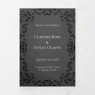 Grey & Black Swirl Gothic Wedding Tri-Fold Program