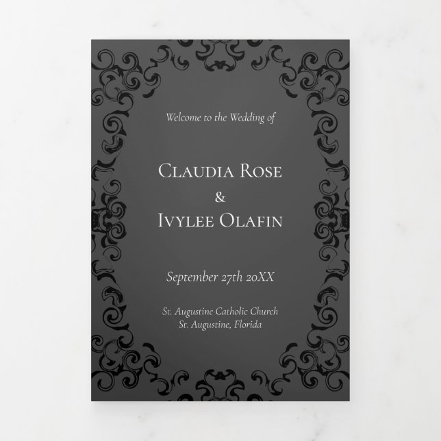 Grey & Black Swirl Gothic Wedding Tri-Fold Program (Cover)