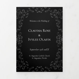 Grey & Black Swirl Gothic Wedding Tri-Fold Program