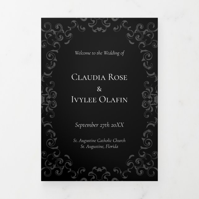 Grey & Black Swirl Gothic Wedding Tri-Fold Program (Cover)