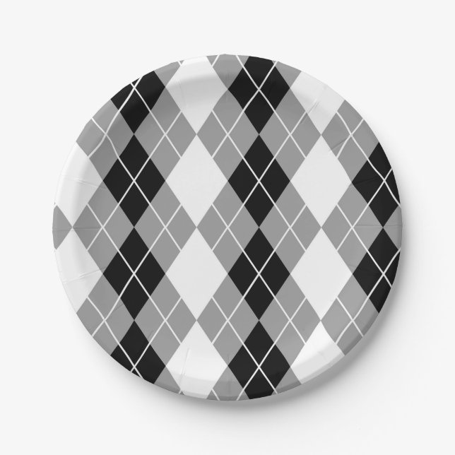 Grey Black White Argyle Diamond Design  Paper Plates (Front)