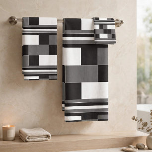 Grey Black White Check Stripes Pattern Bath Towel Set