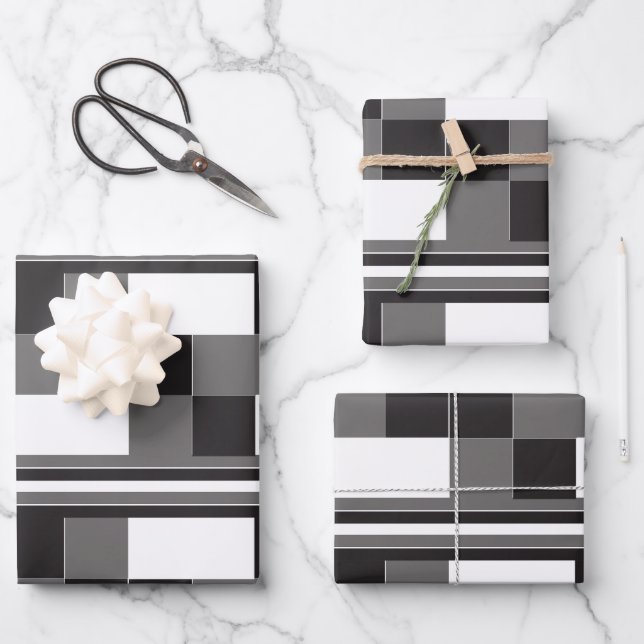 Grey Black White Check Stripes Pattern Wrapping Paper Sheets (Front)
