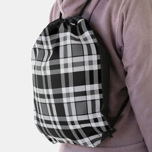 Grey Black White Flannel Plaid Tartan Design Drawstring Bag