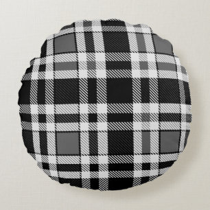 Grey Black White Flannel Plaid Tartan Design Round Pillow