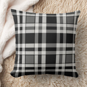 Grey Black White Flannel Plaid Tartan Design  Throw Pillow