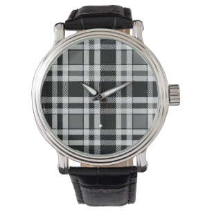 Grey Black White Flannel Plaid Tartan Design Watch