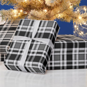 Grey Black White Flannel Plaid Tartan Design Wrapping Paper